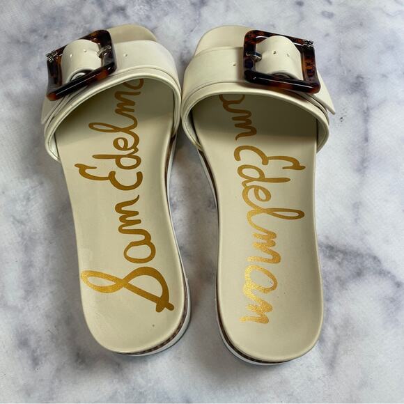 Sam Edelman Ariane Ivory Leather Slide Sandals Tortoise Buckle Sz 9 - Picture 6 of 11